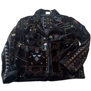 Chico's‎ Jacket Womens Size 1 Black Blazer Velvet Embroidered Studs Snaps Lined